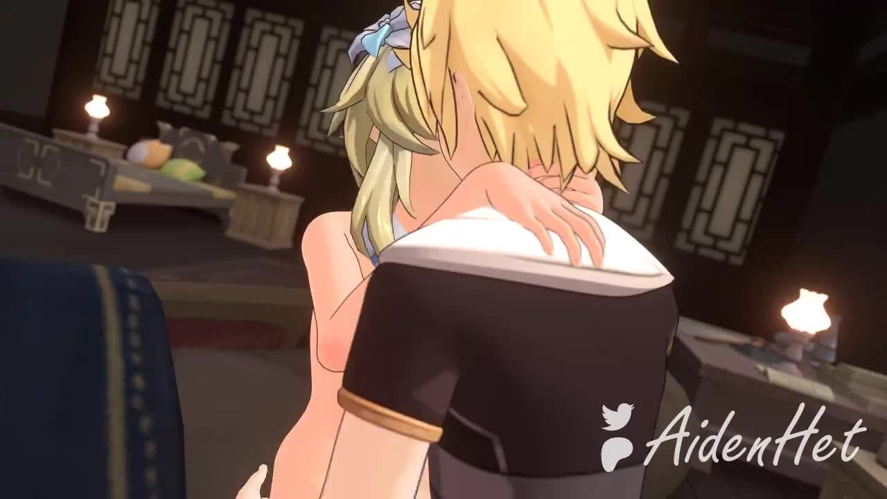 aidenhet, aether (genshin impact), lumine (genshin impact), genshin impact,  grabbing, animated, sound, video, 1boy, 1girl, 3d, ass, bed, blonde hair,  bottomless, breasts, brother and sister, cleft of venus, completely nude,  flower hair