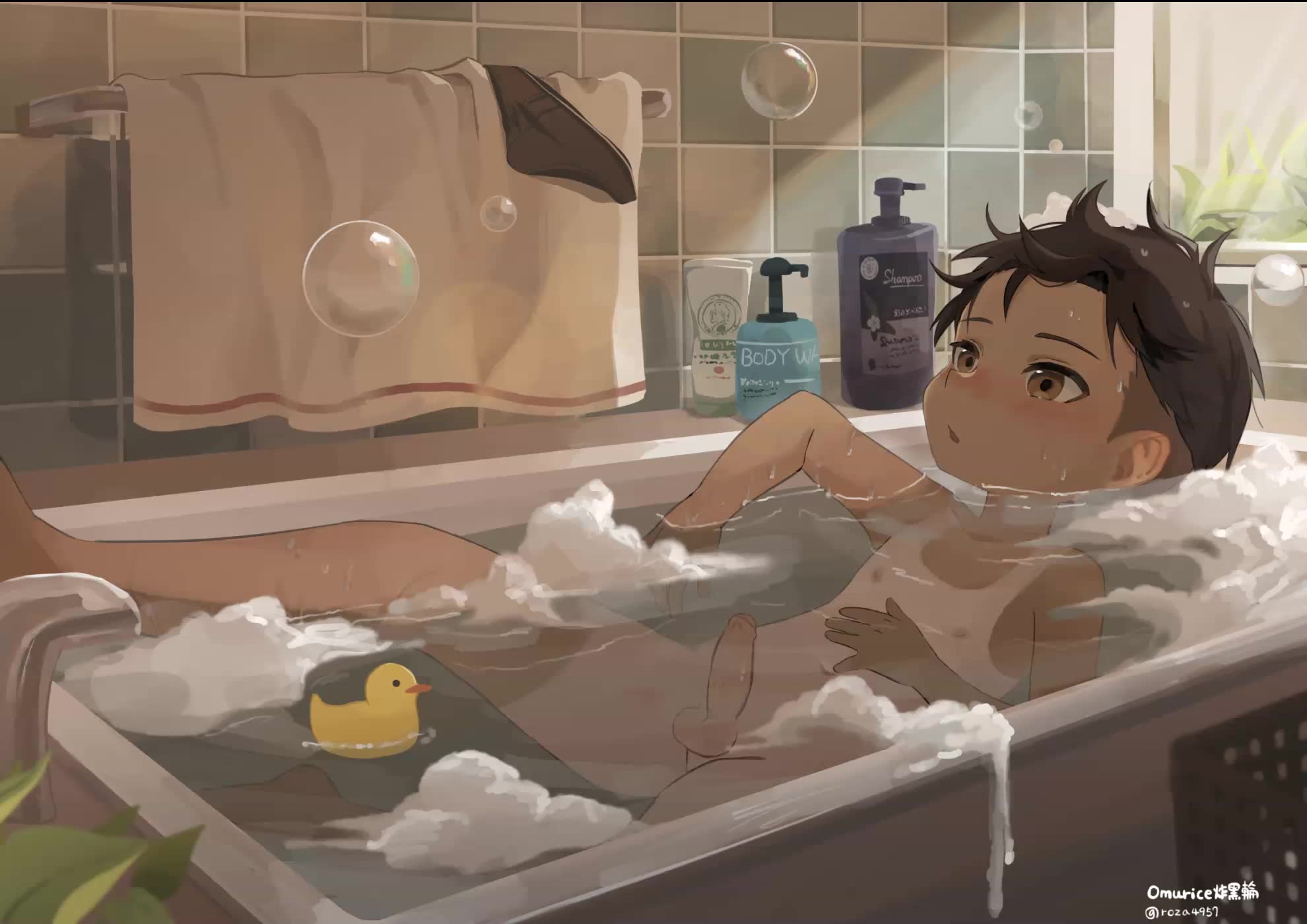omurice (roza4957), original, animated, highres, tagme, video, 1boy, bath,  bathing, bathtub, black briefs, black male underwear, blush, breathing,  briefs, brown eyes, brown hair, bubble, closed eyes, completely nude, cum,  dark skin, ejaculation,