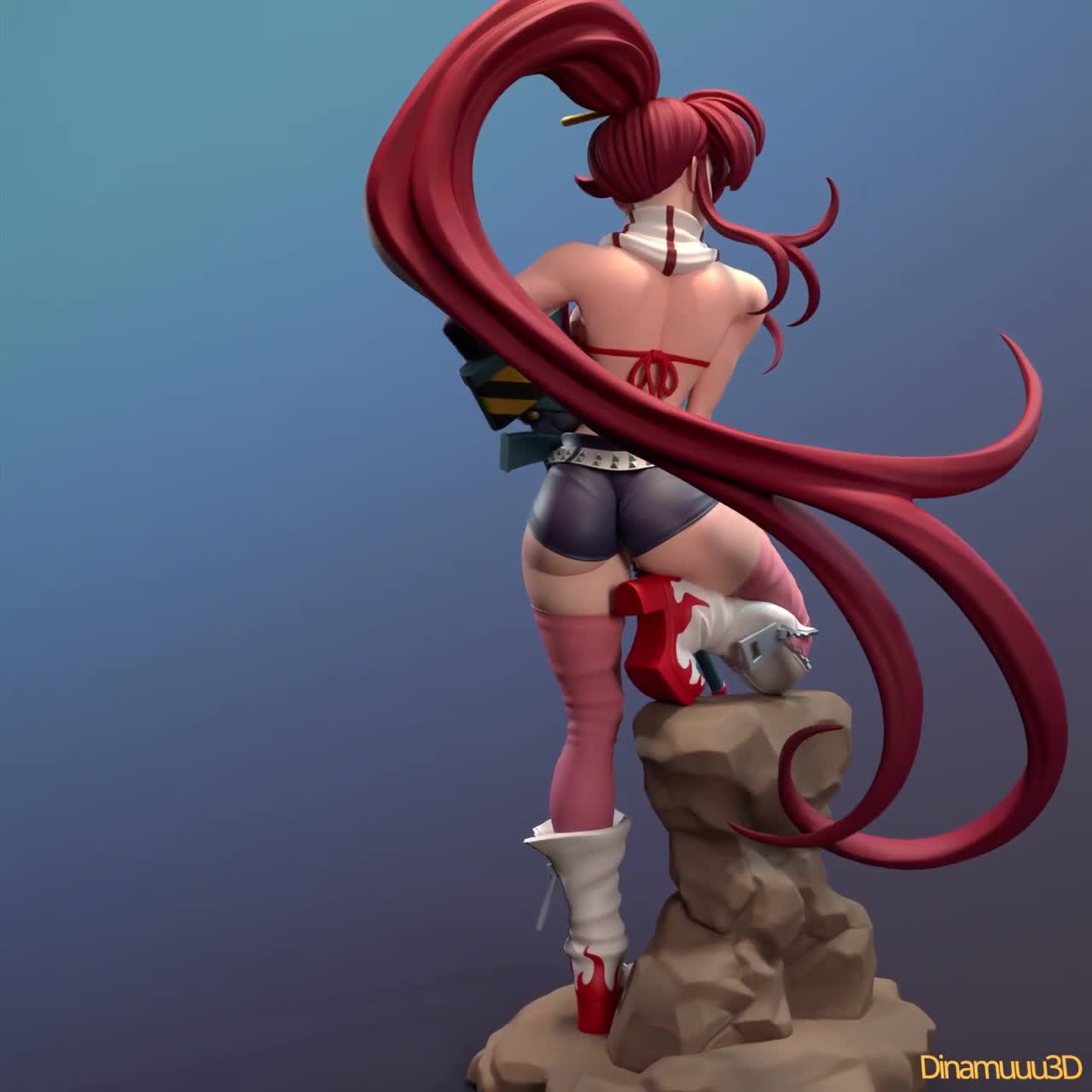 dinamuuu3d, yoko littner, tengen toppa gurren lagann, animated, animated gif,  artist request, tagme, video, 1girl, 3d, breasts, full body, holding,  holding weapon, large breasts, multiple views, ponytail, red hair,  turnaround, weapon, yellow