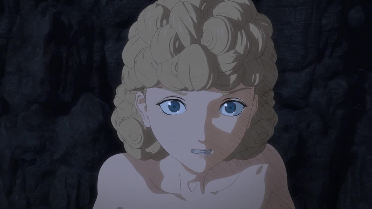 luca (berserk), nina (berserk), berserk, animated, sound, video, 2girls,  3d, ass, barefoot, blonde hair, blue eyes, brown eyes, brown hair, clothed  female nude female, completely nude, english text, hug, long hair, multiple