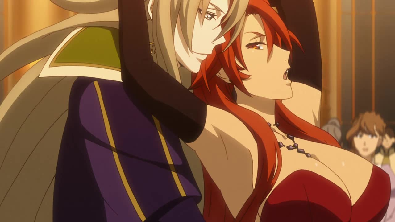 margaret odius, grancrest senki, animated, tagme, video, 10s, 1boy, 1girl,  bare shoulders, breasts, cleavage, dress, earrings, elbow gloves, gloves,  jewelry, large breasts, long hair, necklace, red dress, red hair, yellow  eyes -