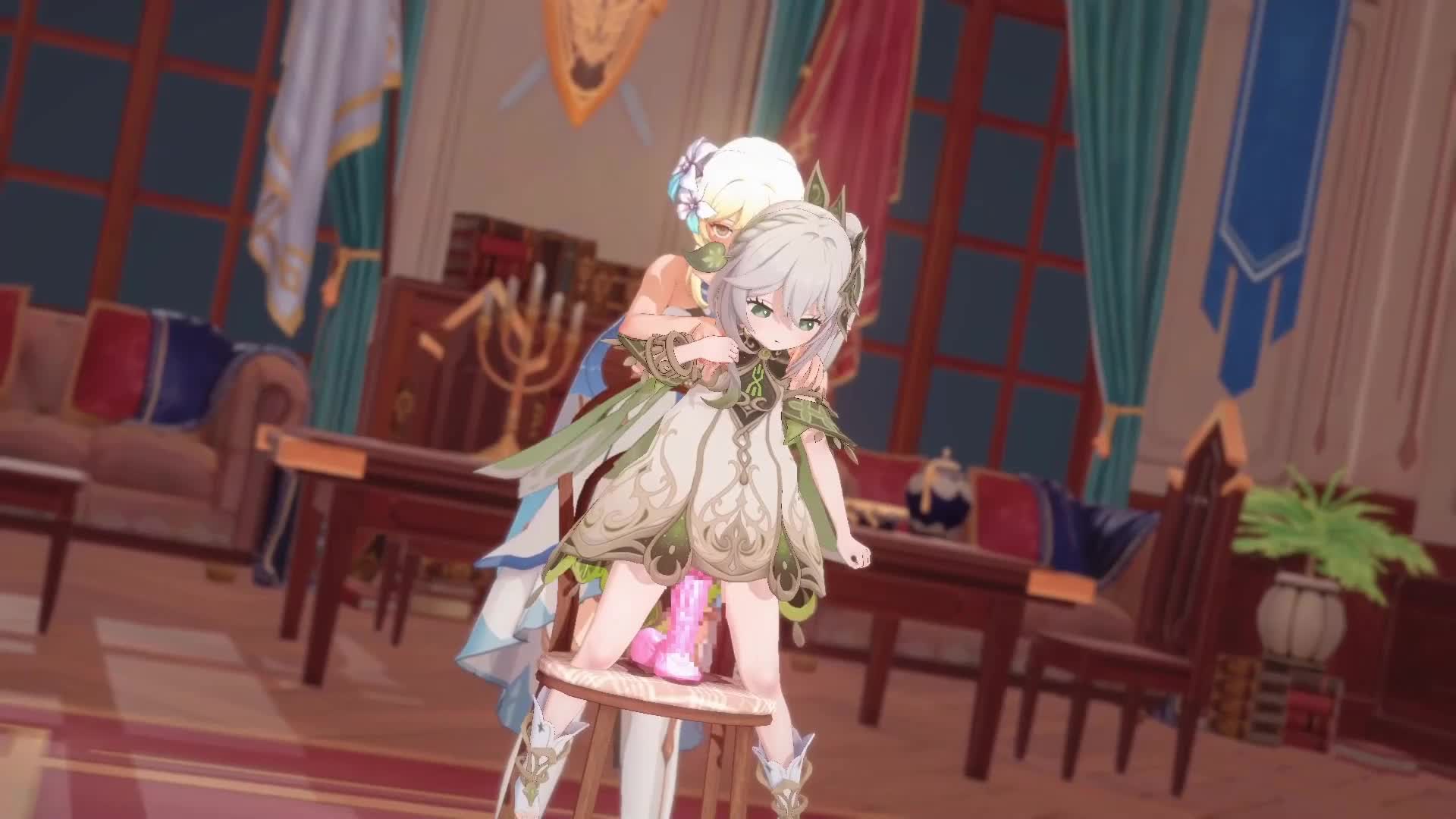 koro22, lumine (genshin impact), nahida (genshin impact), nilou (genshin  impact), genshin impact, animated, highres, sound, tagme, video, 3d,  3girls, ahegao, assisted masturbation, blonde hair, blush, breasts,  censored, chair, dildo, dildo riding ...
