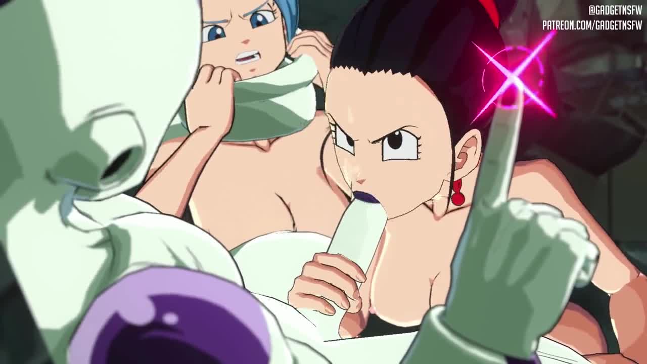 gadgetzanauctionhouse, bulma, chi-chi (dragon ball), frieza, dragon ball,  animated, video, 1boy, 2girls, 3d, black eyes, black hair, blue eyes, blue  hair, breasts, fellatio, from above, large penis, looking at another,  medium breasts,