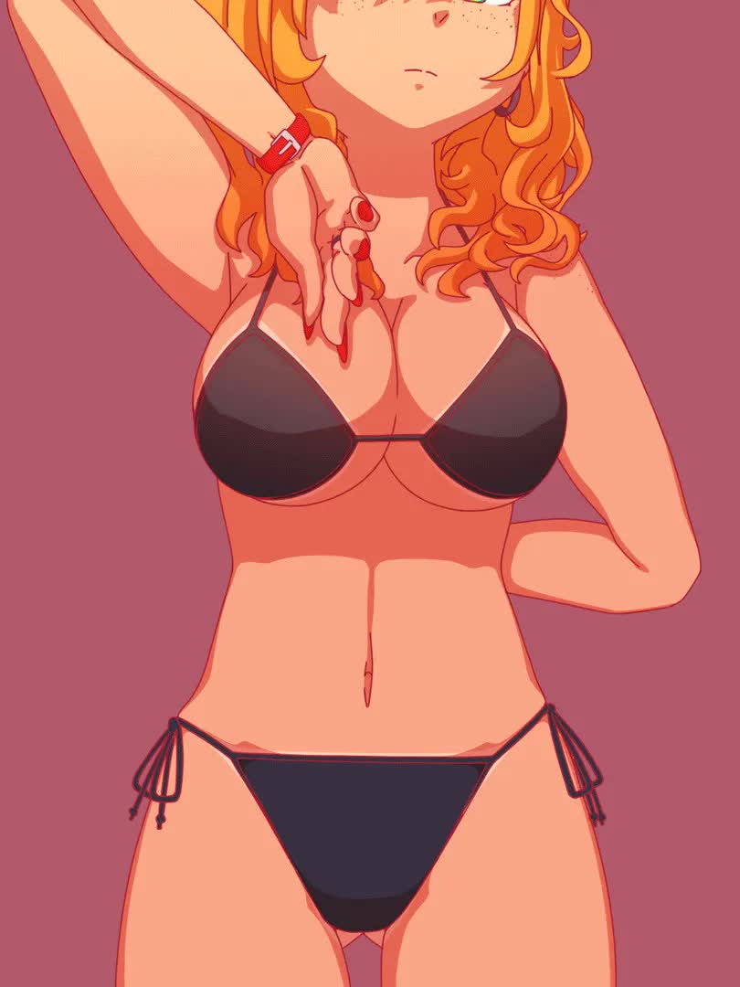 fxx, animated, tagme, video, 1girl, arm across waist, bikini, black bikini,  blonde hair, bouncing breasts, breasts, cleavage, cowboy shot, earrings,  expressionless, female focus, fingernails, freckles, gluteal fold, green  eyes, hair ornament, jewelry,