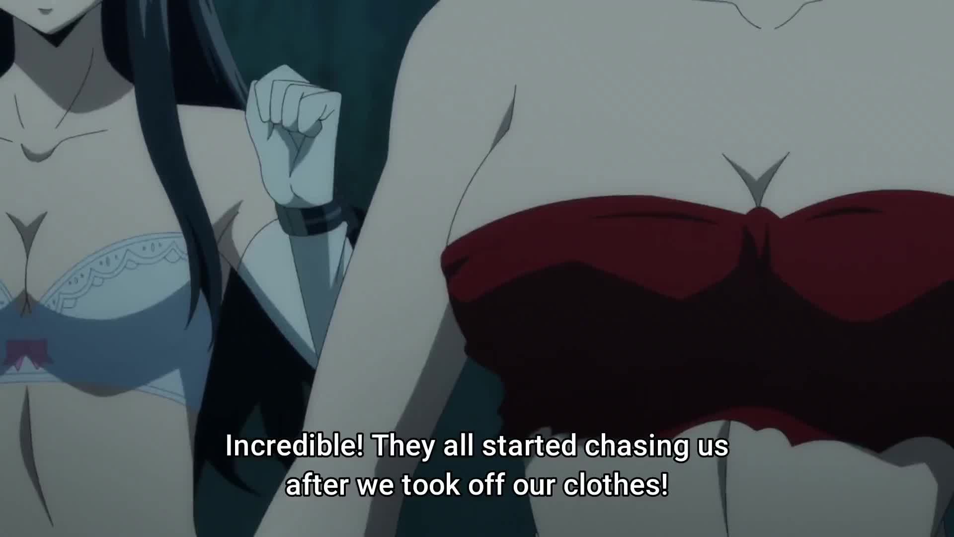 marguerite farom, milly yunis, yuusha ga shinda!, animated, highres, sound,  video, 2girls, anime screenshot, black hair, bouncing breasts, bra, breast  focus, breasts, cleavage, collarbone, elbow gloves, gloves, head out of  frame, large breasts, long hair ...